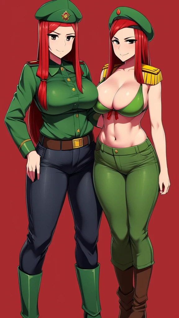 A Soviet military girl, tall, ????, good, big ??????, friendly, happy, long red hair, smooth, her gray eye, pink lip, she dresses in a green metallic top, a black patch, her ?????, her waist, a yellow ribbon, and her pants, metallic green, big thigh, sensual big yellow boot, wearing a black Soviet winter cap, she is happy. hug his twins bad sister dark dictatorship villainous murderer