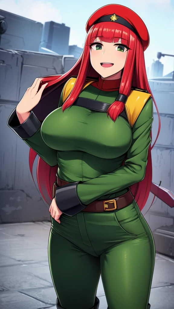 A Soviet military girl, tall, sexy, good, big breast, friendly, happy, long red hair, smooth, her gray eye, pink lip, she dresses in a green metallic top, a black patch, her chest, her waist, a yellow ribbon, and her pants, metallic green, big thigh, sensual big yellow boot, wearing a black Soviet winter cap, she is happy. hug his twins bad sister dark dictatorship villainous murderer