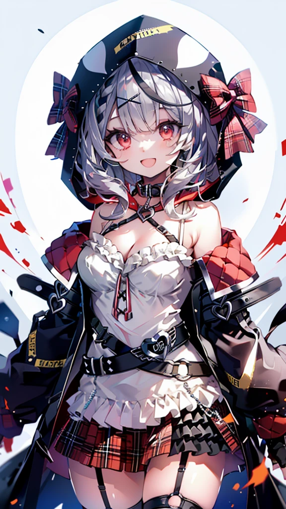(Ultra-high resolution,masterpiece, Attention to detail, Highest quality), 8k,(1girl, 独奏, red eyes, sakamata chloe, garter straps, fingerless gloves, torn thighhighs, grey hair, multicolored hair, plaid skirt, cleavage, x hair ornament, red skirt, black collar, white camisole, breasts, braid, black belt, medium hair, black jacket, hood up, plaid bow),(Blessed,Captivating body、Ultra-detailed skin、Super beautiful eyes、Detailed Background),One girl、 (cheerful ,enjoy :1.5),