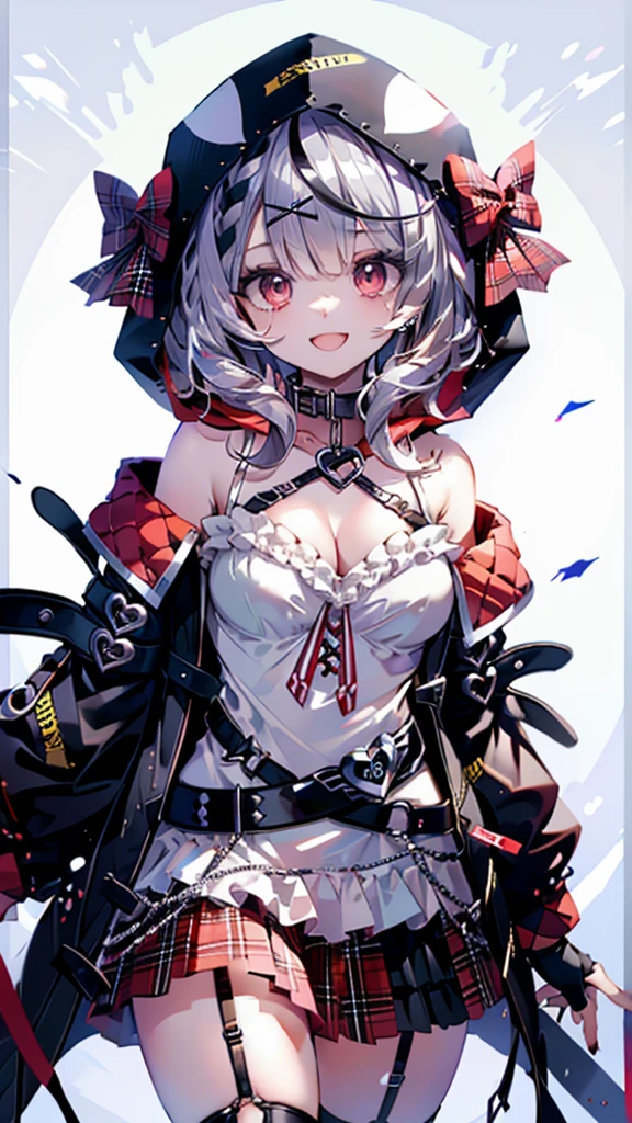 skirt, red eyes, cleavage, gloves, fingerless gloves, grey hair, multicolored hair, looking at viewer, x hair ornament, hood, streaked hair, hand on hip, smile, fang, black gloves, plaid skirt, garter straps, hair ornament, jacket, large breasts, animal hood, sakamata chloe, sakamata_default, bare shoulders