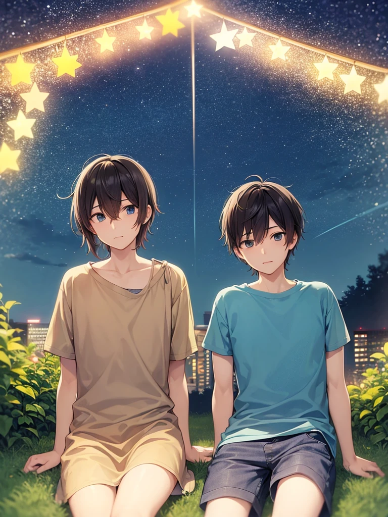 Two guys are sitting on the grass in the summer night. They are turned away from us. A star is falling in the sky