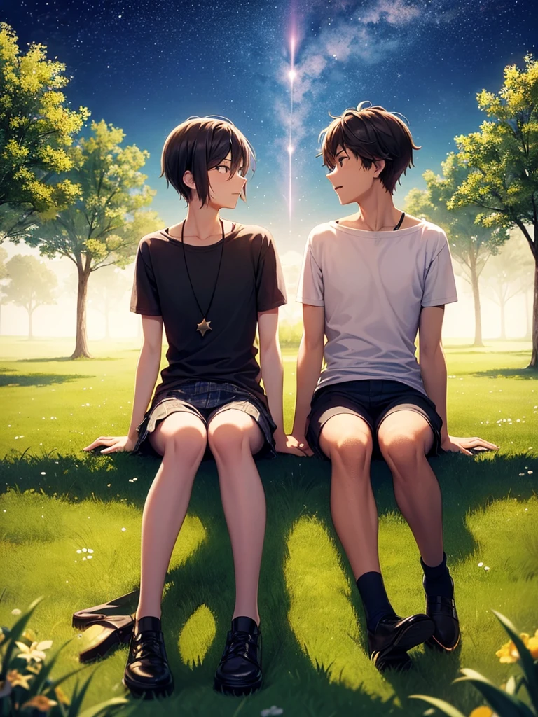 Two guys are sitting on the grass in the summer night. They are turned away from us. A star is falling in the sky