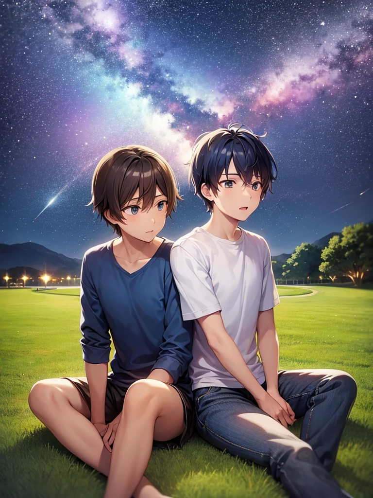 Two guys are sitting on the grass in the summer night. They are turned away from us. A star is falling in the sky