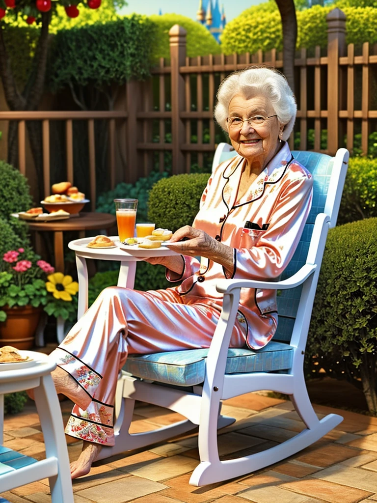 Create a 3D poster inspired by Disney bid. From a cheerful 80-year-old woman, with elegant pajamas, sitting in a rocking chair, a little table with breakfast,in a nice garden, in a dawn atmosphere
