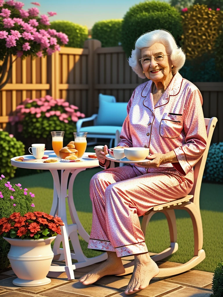 Create a 3D poster inspired by Disney bid. From a cheerful 80-year-old woman, with elegant pajamas, sitting in a rocking chair, a little table with breakfast,in a nice garden, in a dawn atmosphere