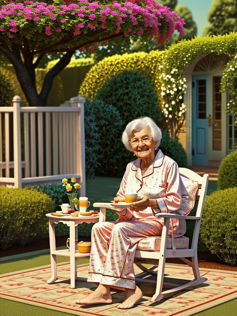 Create a 3D poster inspired by Disney bid. From a cheerful 80-year-old woman, with elegant pajamas, sitting in a rocking chair, a little table with breakfast,in a nice garden, in a dawn atmosphere 