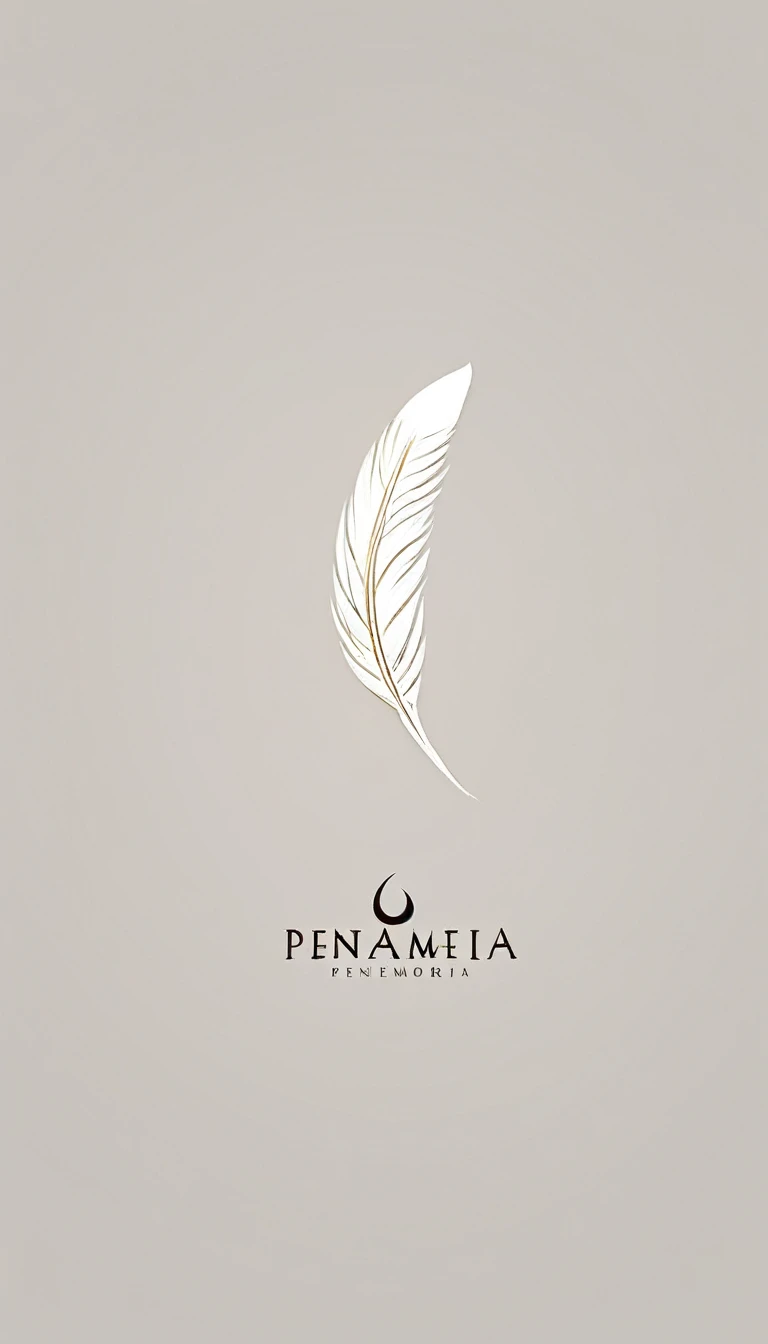 A minimal, modern, simple, cinematic logo design for the brand “Penamemoria". Create a modern, minimalistic, high-quality, logo of a feather and a  that convey a sense of memories, dreams and storytelling. The logo design should be unique, poetic, fantastic, timeless and must represent dreams and stories.