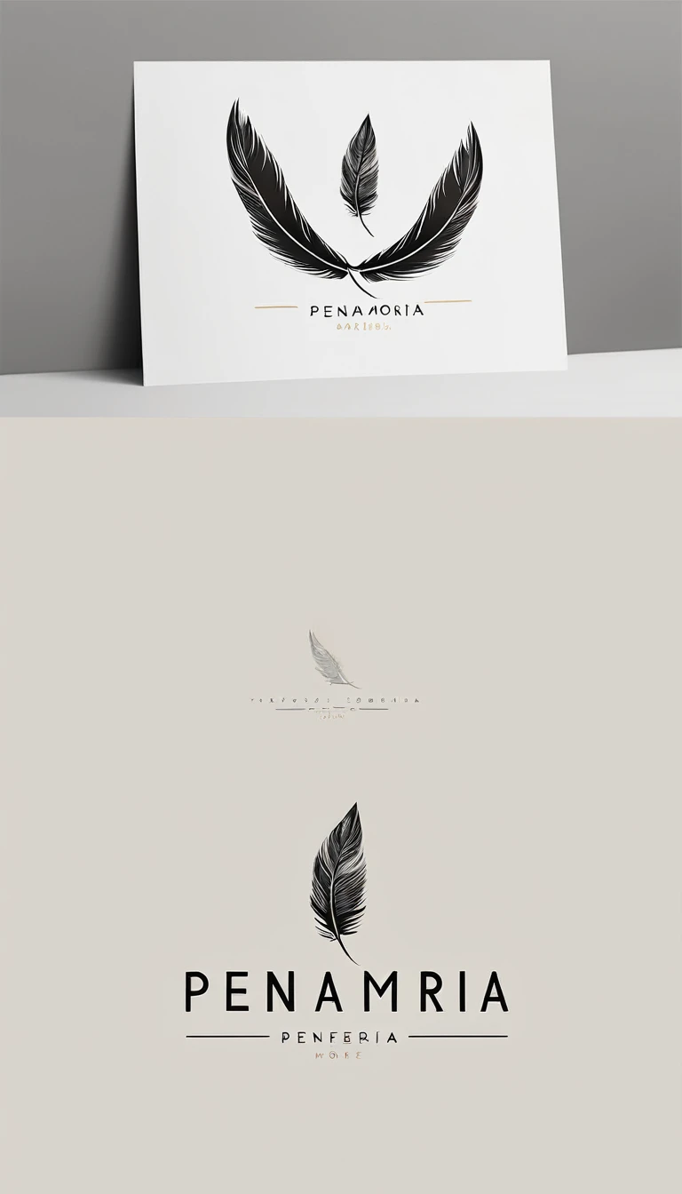 A minimal, modern, simple, cinematic logo design for the brand “Penamemoria". Create a modern, minimalistic, high-quality, logo of a feather and a  that convey a sense of memories, dreams and storytelling. The logo design should be unique, poetic, fantastic, timeless and must represent dreams and stories.