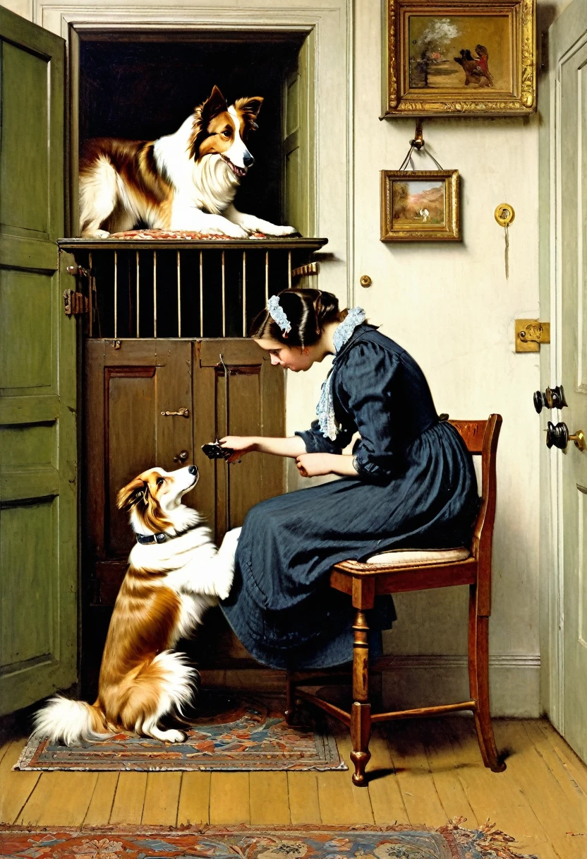 A stands on a chair and opens a secret door in a cupboard on the wall, a collie dog stands beside her, resting its front paws on a chair on which the girl and dog are playing with a birdcage, Frederick Goodall, Norman Rockwell, George Goodwin Kilburn, Norman Rockwell, Charles Barton Barber, John Collier, John Crawford Brown, Antonio Cicieri, Adolph Willett, Frank Montague Moore, Victorian painting, Jean-Leon Jerome.