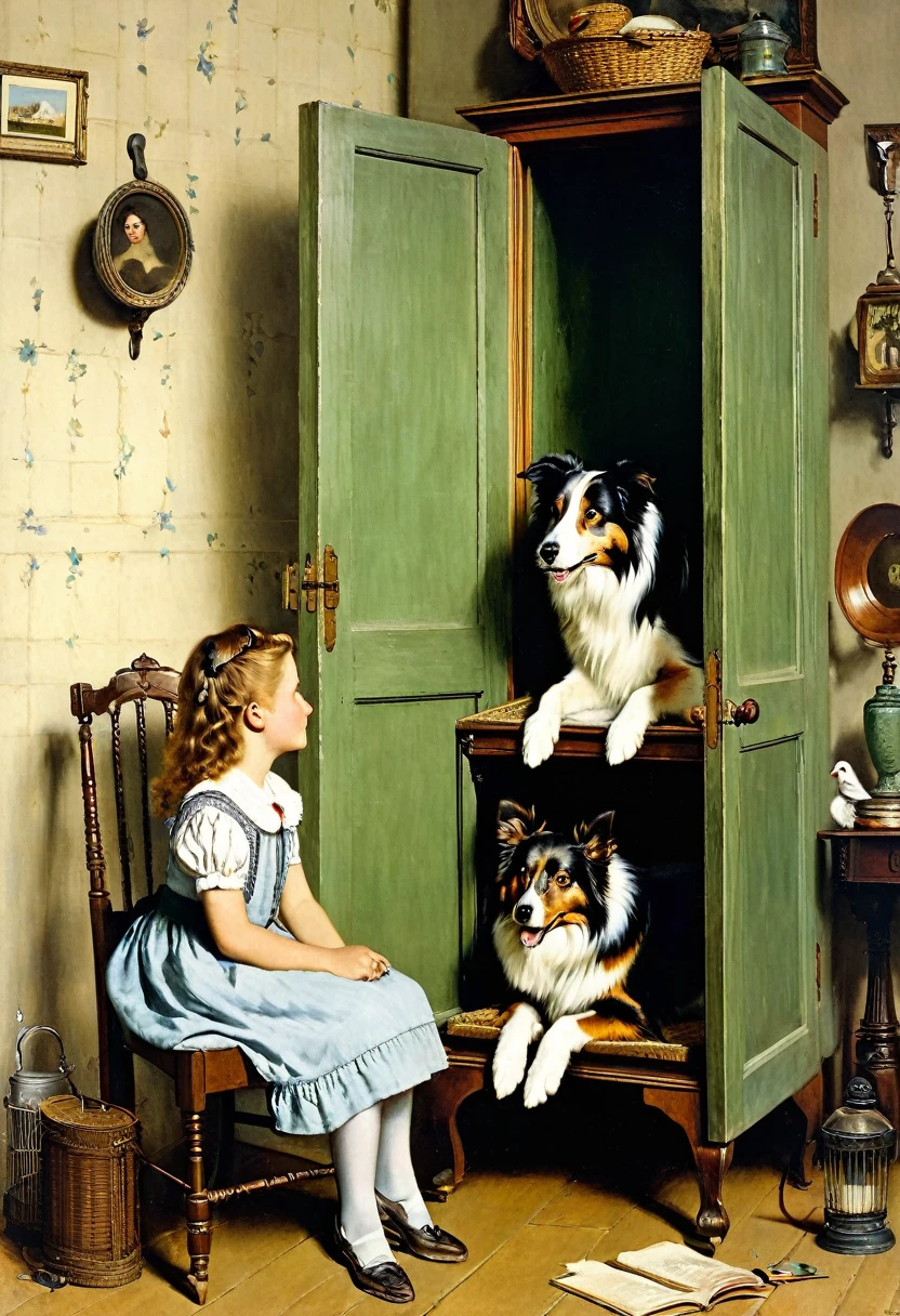 A stands on a chair and opens a secret door in a cupboard on the wall, a collie dog stands beside her, resting its front paws on a chair on which the girl and dog are playing with a birdcage, Frederick Goodall, Norman Rockwell, George Goodwin Kilburn, Norman Rockwell, Charles Barton Barber, John Collier, John Crawford Brown, Antonio Cicieri, Adolph Willett, Frank Montague Moore, Victorian painting, Jean-Leon Jerome.