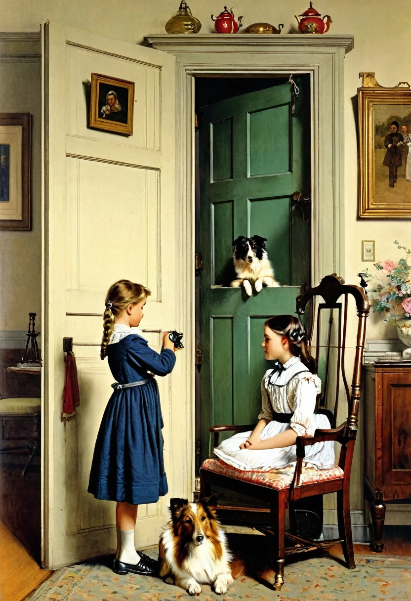 A stands on a chair and opens a secret door in a cupboard on the wall, a collie dog stands beside her, resting its front paws on a chair on which the girl and dog are playing with a birdcage, Frederick Goodall, Norman Rockwell, George Goodwin Kilburn, Norman Rockwell, Charles Barton Barber, John Collier, John Crawford Brown, Antonio Cicieri, Adolph Willett, Frank Montague Moore, Victorian painting, Jean-Leon Jerome.