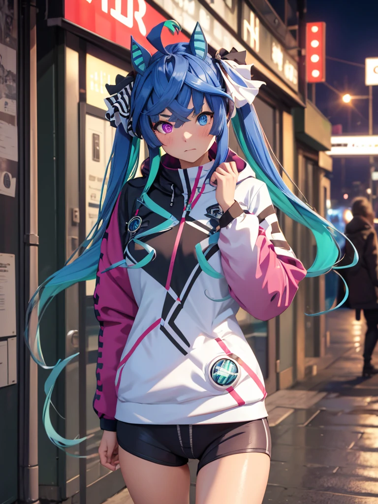 (Masterpiece, best quality, high res、highly detailed cg: 1), Standing on a street corner night, I suddenly feel a gaze upon me. Following the gaze, I see a streetwalker standing nearby. She doesn't approach or call out, but her eyes are filled with temptation, quietly standing but making it impossible to look away once our eyes meet. Twin_Turbo_Umamusume, aqua hair, twintails, heterochromia, purple eyes, blue eyes, sharp teeth,hores tails, nsfw, short stature, open coat, Showing her underwear, (Blush, half closed eyes)