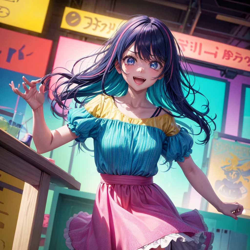 Create a vibrant and eye-catching anime-style thumbnail of a clumsy and naturally awkward girl. She should have bright, expressive eyes and a cheerful, slightly embarrassed smile. Her hair is styled in a playful, messy fashion with a fun, bright color like pastel pink or blue. Dress her in a cute, casual outfit such as a colorful dress or a fun, patterned top with a skirt. Illustrate her in a humorous or slightly chaotic situation—like dropping a stack of books, spilling a drink, or tripping over something—with exaggerated, playful expressions and movements. The background should be lively and engaging, with bright colors and dynamic elements that highlight her clumsiness and add visual interest to the thumbnail. Include some small, amusing details around her to enhance the playful and whimsical feel.