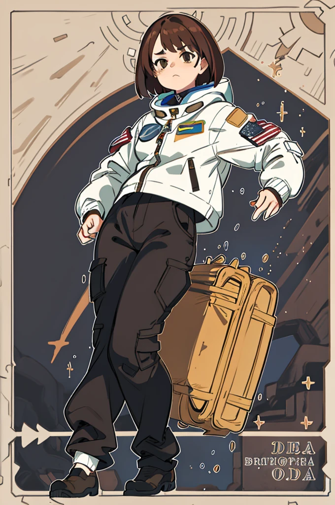 1girl, cargo pant, astronaut pants, jacket spacial, brown hair, talk pose, bob hair, masterpiece, best quality, highly detailed
