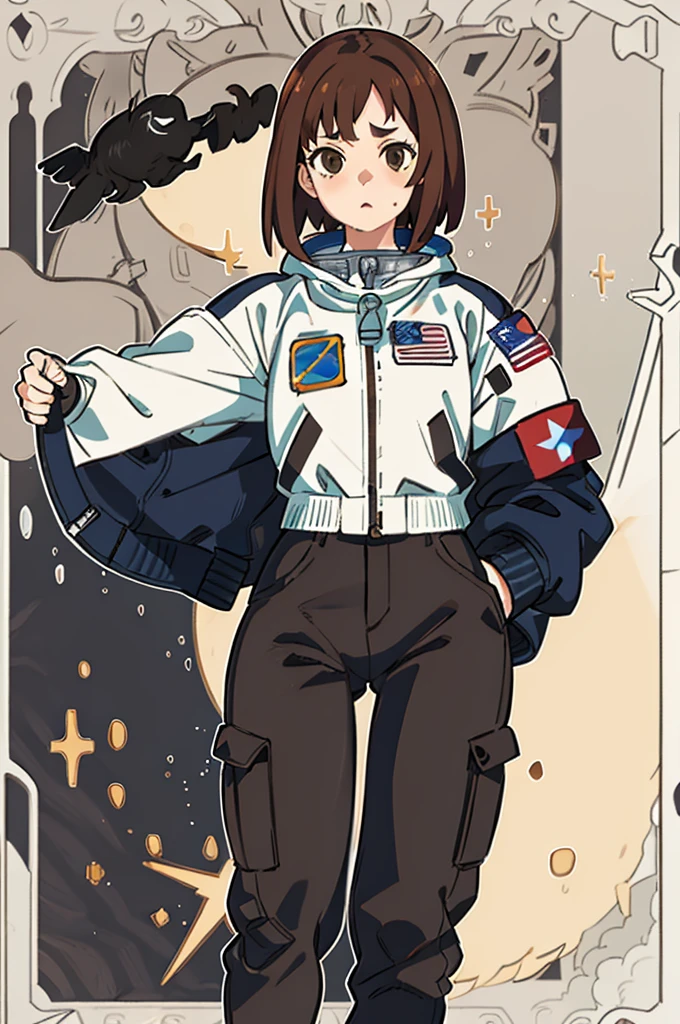 1girl, cargo pant, astronaut pants, jacket spacial, brown hair, talk pose, bob hair, masterpiece, best quality, highly detailed
