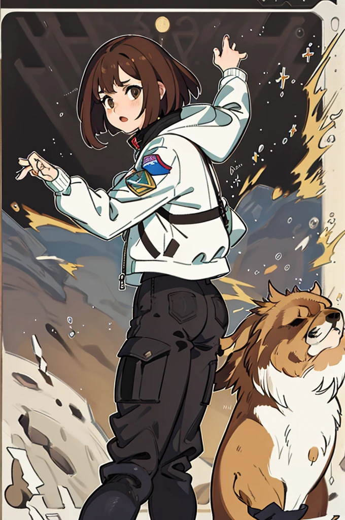 1girl, cargo pant, astronaut pants, jacket spacial, brown hair, talk pose, bob hair, masterpiece, best quality, highly detailed
