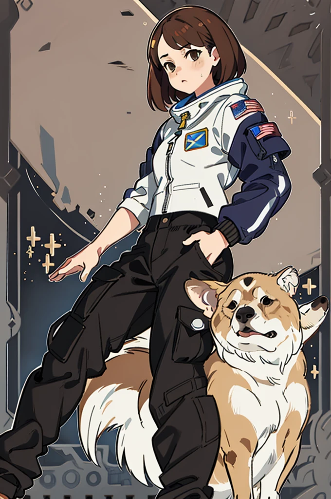 1girl, cargo pant, astronaut pants, jacket spacial, brown hair, talk pose, bob hair, masterpiece, best quality, highly detailed
