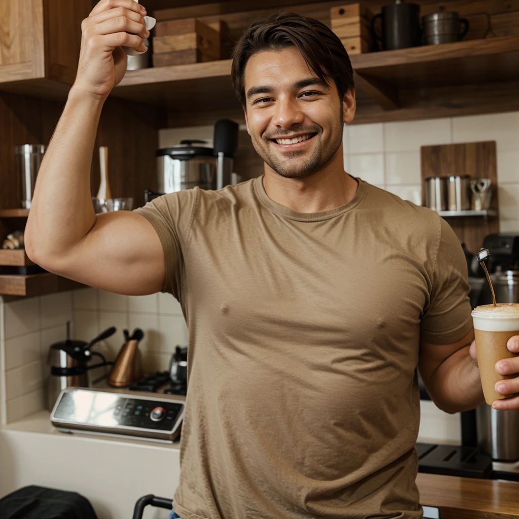 A strong man drinking coffee and smiling.