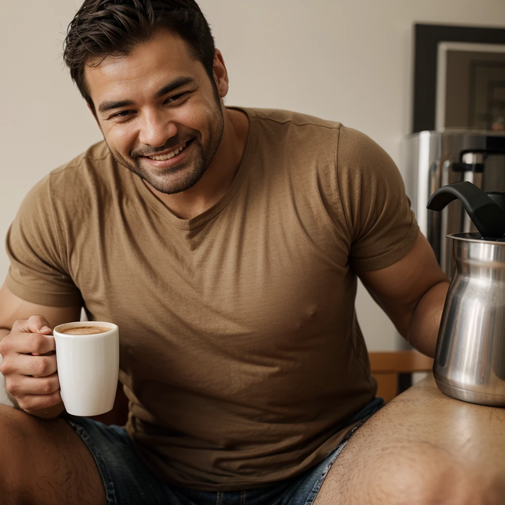 A strong man drinking coffee and smiling.