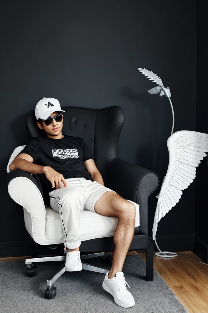 Create a 3D illusion picture where a boy in ablack shirt sits casually on a Wingback Chair.Wearing sneakers, a black cricket cap, andsunglasses, he looks ahead. The backgroundfeatures "Attiqa Sheikh" in big and capital white fontson the black wall. There should not be hisshadow, and there are wings to make itappear as if he is an angel