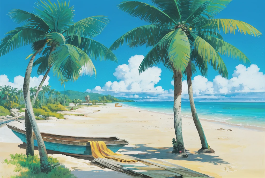 (((Highest quality))), High color saturation, clear, reasonable structure, Manga style, architecture, Beach, boat, Hut, Palm tree, sand, Ocean, Oceangull, null, sunny day, Fantasy, no_human, Outdoor, landscape, Genuine, beautiful and amazing landscape oil painting Ghibli Studio Miyazaki’s Tropical Island with blue Ocean and null, Tropical Island, Coconut --v6