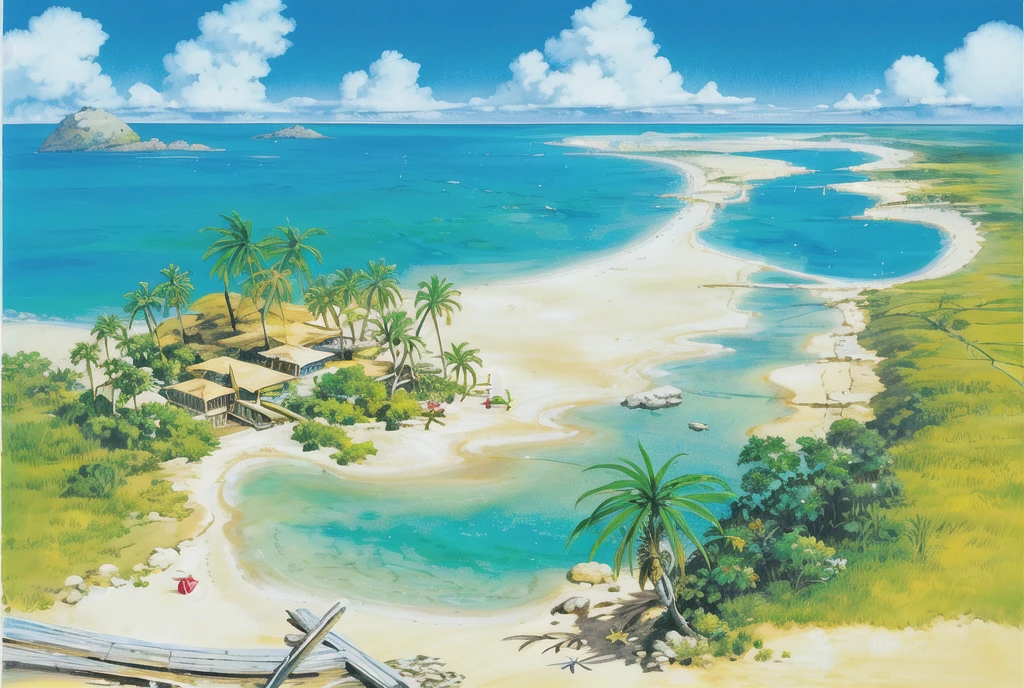 (((Highest quality))), High color saturation, clear, reasonable structure, Manga style, architecture, Beach, boat, Hut, Palm tree, sand, Ocean, Oceangull, null, sunny day, Fantasy, no_human, Outdoor, landscape, Genuine, beautiful and amazing landscape oil painting Ghibli Studio Miyazaki’s Tropical Island with blue Ocean and null, Tropical Island, Coconut --v6