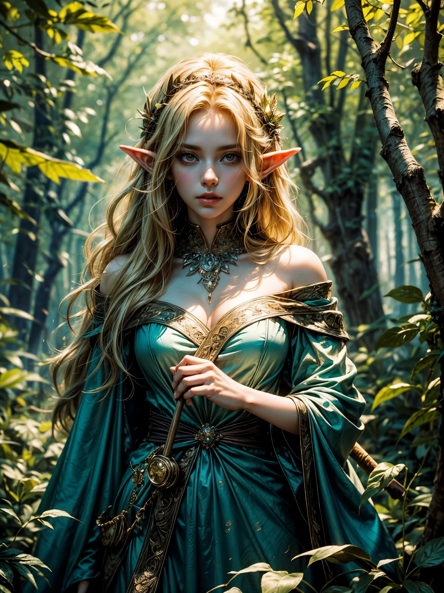 In the enchanting world of Dungeons & Dragons, a stunning female elf stands before you, her wavy blonde hair cascading down her shoulders, framing her ethereal face. She gracefully holds a wooden staff in both hands, its intricately carved design complementing the delicate features of her elven form.
The enchanting scene is filled with a captivating allure, as the sunlight filters through the dense canopy of leaves above, casting dappled patterns upon the ground. The vibrant hues of the foliage surrounding her blend seamlessly with her golden hair, creating a mesmerizing interplay of color and light.
As she gazes off into
sultry look, seductive,
