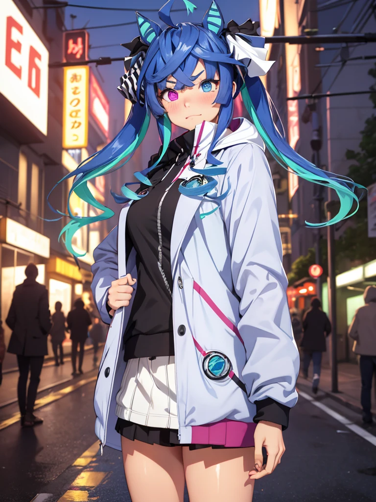 (Masterpiece, best quality, high res、highly detailed cg: 1), Standing on a street corner night, I suddenly feel a gaze upon me. Following the gaze, I see a streetwalker standing nearby. She doesn't approach or call out, but her eyes are filled with temptation, quietly standing but making it impossible to look away once our eyes meet. Twin_Turbo_Umamusume, aqua hair, twintails, heterochromia, purple eyes, blue eyes, sharp teeth,hores tails, nsfw, short stature, open coat, Showing her underwear, (Blush, half closed eyes)