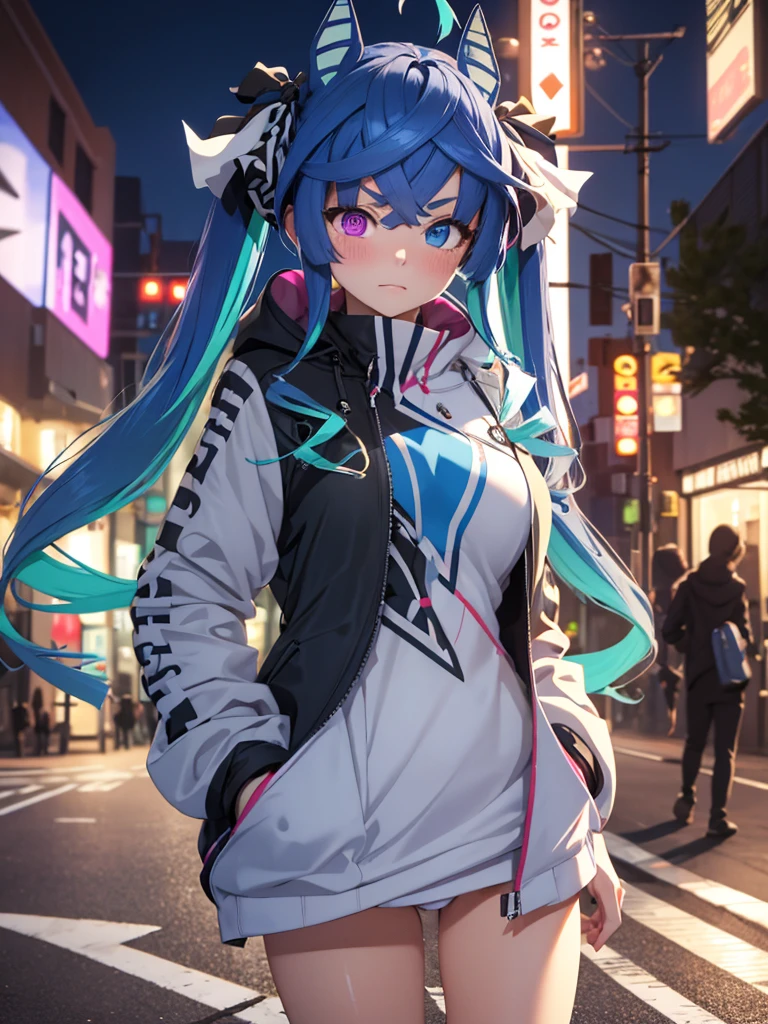 (Masterpiece, best quality, high res、highly detailed cg: 1), Standing on a street corner night, I suddenly feel a gaze upon me. Following the gaze, I see a streetwalker standing nearby. She doesn't approach or call out, but her eyes are filled with temptation, quietly standing but making it impossible to look away once our eyes meet. Twin_Turbo_Umamusume, aqua hair, twintails, heterochromia, purple eyes, blue eyes, sharp teeth,hores tails, nsfw, short stature, open coat, Showing her underwear, (Blush, half closed eyes)