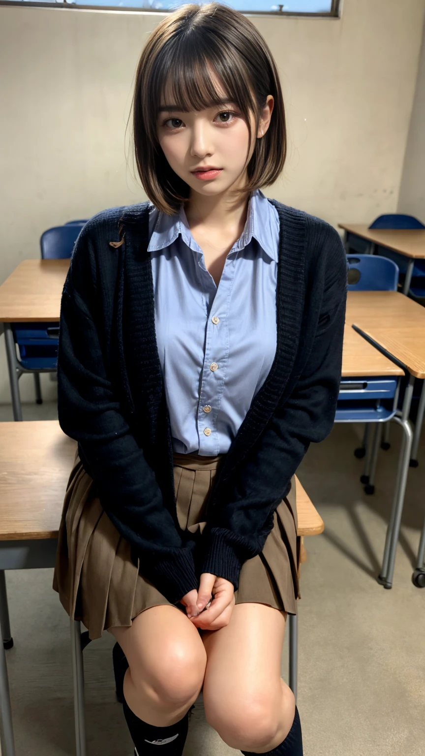 Enchanting anime girl, [ 4k digital art ]!!,Ultra-realistic painting, Art with attention to detail, 8k high quality detailed art,Curvy Tanned Gal,(puppet,Thick lips:1.2),Dress shirt,cardigan,,Side details,Pleated skirt,Brown Loafers,Blonde Short Hair,(Dark Skip:1.3),loose socks,Sweaty,close,Crouch on the desk,In the classroom,(Blushed),