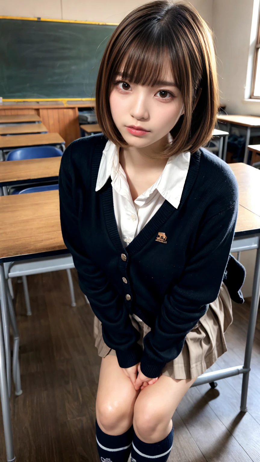 Enchanting anime girl, [ 4k digital art ]!!,Ultra-realistic painting, Art with attention to detail, 8k high quality detailed art,Curvy Tanned Gal,(puppet,Thick lips:1.2),Dress shirt,cardigan,,Side details,Pleated skirt,Brown Loafers,Blonde Short Hair,(Dark Skip:1.3),loose socks,Sweaty,close,Crouch on the desk,In the classroom,(Blushed),