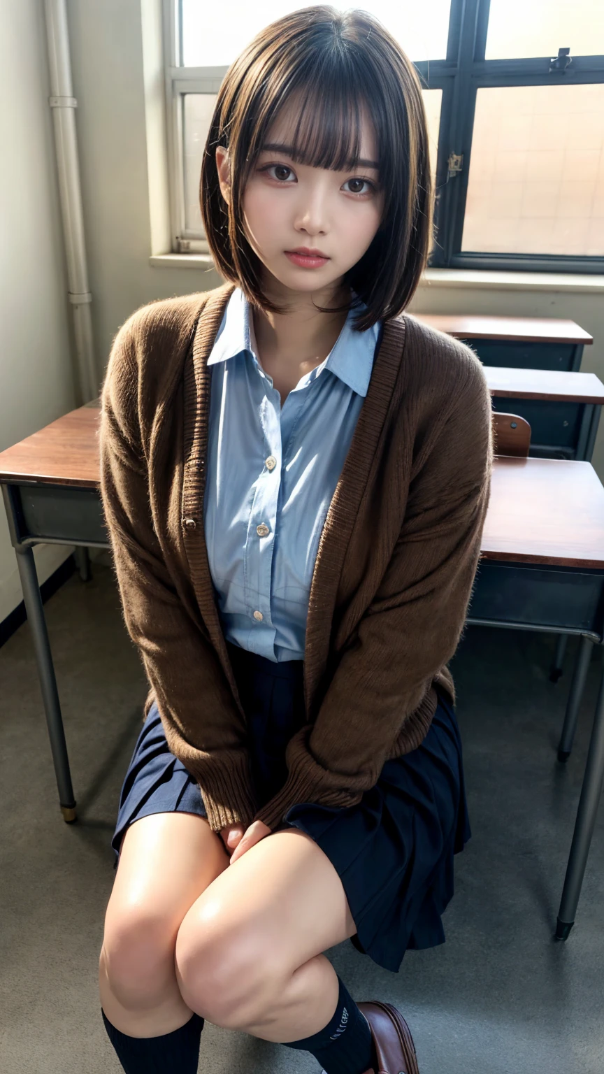 Enchanting anime girl, [ 4k digital art ]!!,Ultra-realistic painting, Art with attention to detail, 8k high quality detailed art,Curvy Tanned Gal,(puppet,Thick lips:1.2),Dress shirt,cardigan,,Side details,Pleated skirt,Brown Loafers,Blonde Short Hair,(Dark Skip:1.3),loose socks,Sweaty,close,Crouch on the desk,In the classroom,(Blushed),