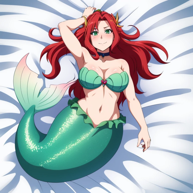 Dakimakura design, Mermaid, cleavage, mermaid tail below waistline, bra green, long hair, red hair, green eyes, smile, blush, ultra resolution , perfect, very detailed, work of art, 4k hd, 