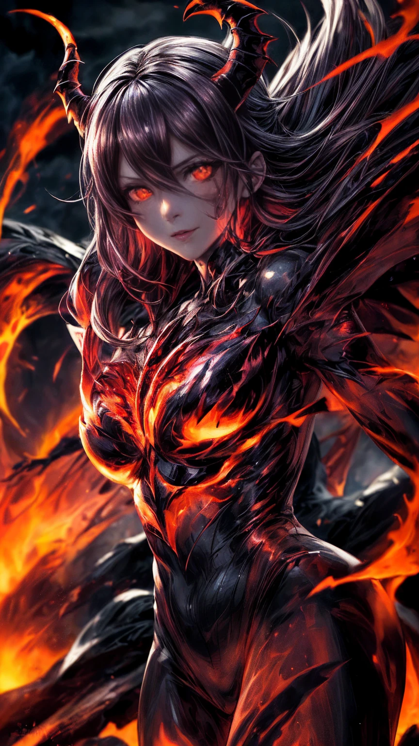 Storyboard, masterpiece, highest quality, dragonlady queen, perfect demoness, bright red glowing eyes, detailed eyes (1.4), scars on face, villainous expression, flaming skin body with bioluminescent glowing pattern, ready for battle, blurred stormy background, dark atmosphere, lighting in background,full body,