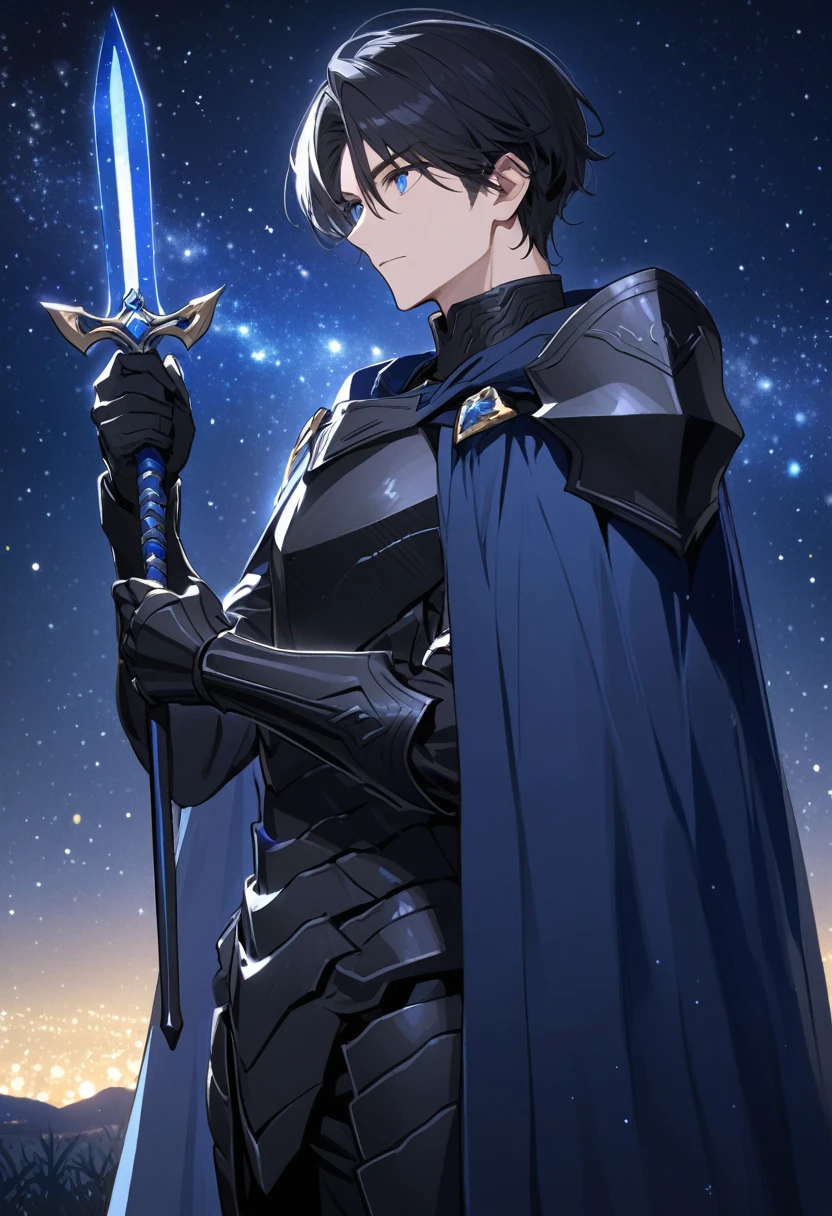 Solo-man, tall man, masculine, medium length black hair, blue eyes, pitch black armor, blue starry cloak, holding a black sword in one hand, starry night in background 