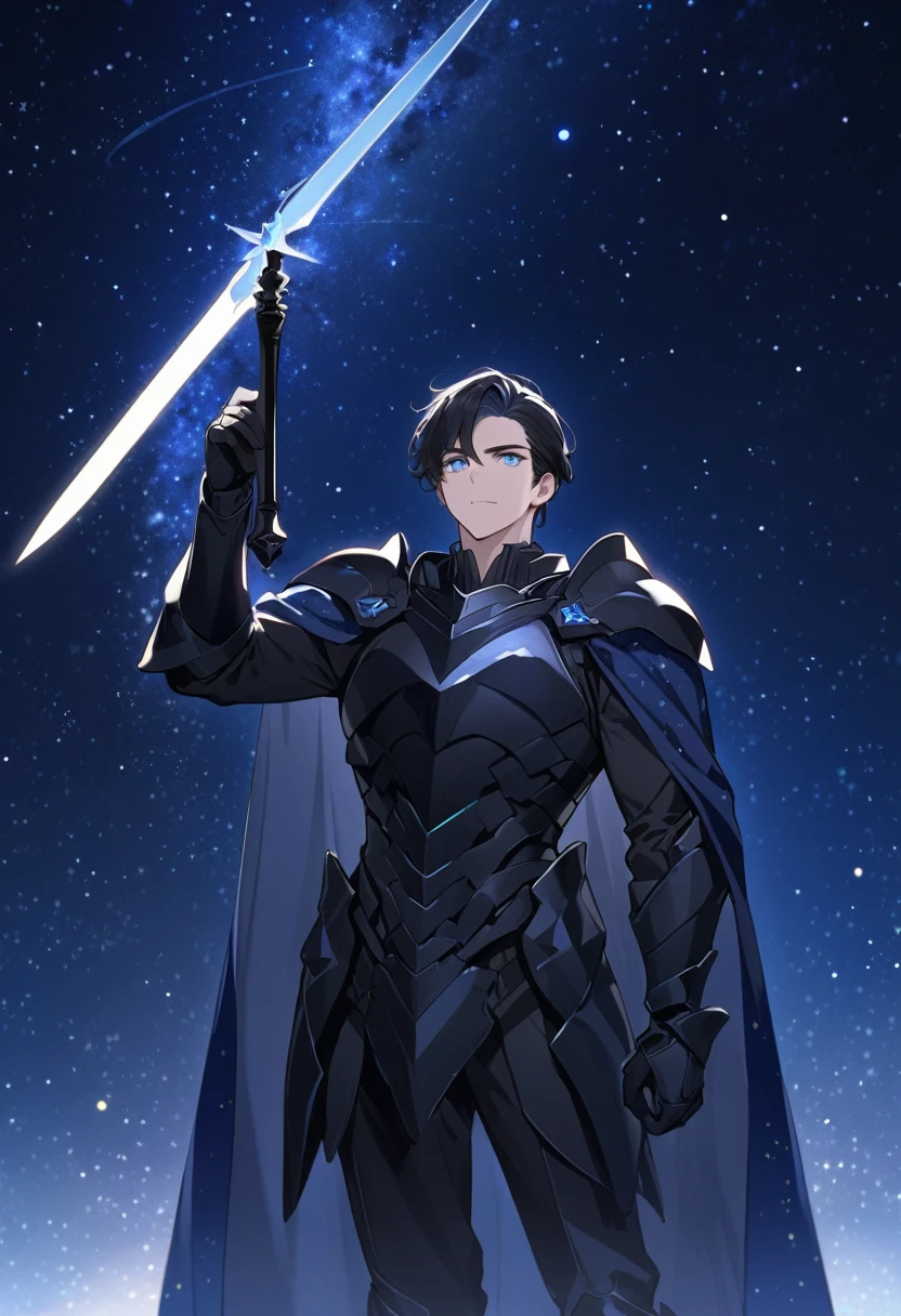 Solo-man, tall man, masculine, medium length black hair, blue eyes, pitch black armor, blue starry cloak, holding a black sword in one hand, starry night in background