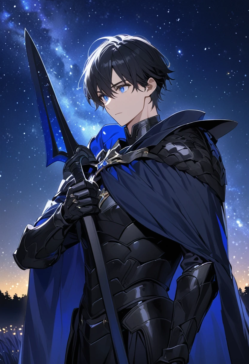 Solo-man, tall man, masculine, medium length black hair, blue eyes, pitch black armor, blue starry cloak, holding a black sword in one hand, starry night in background