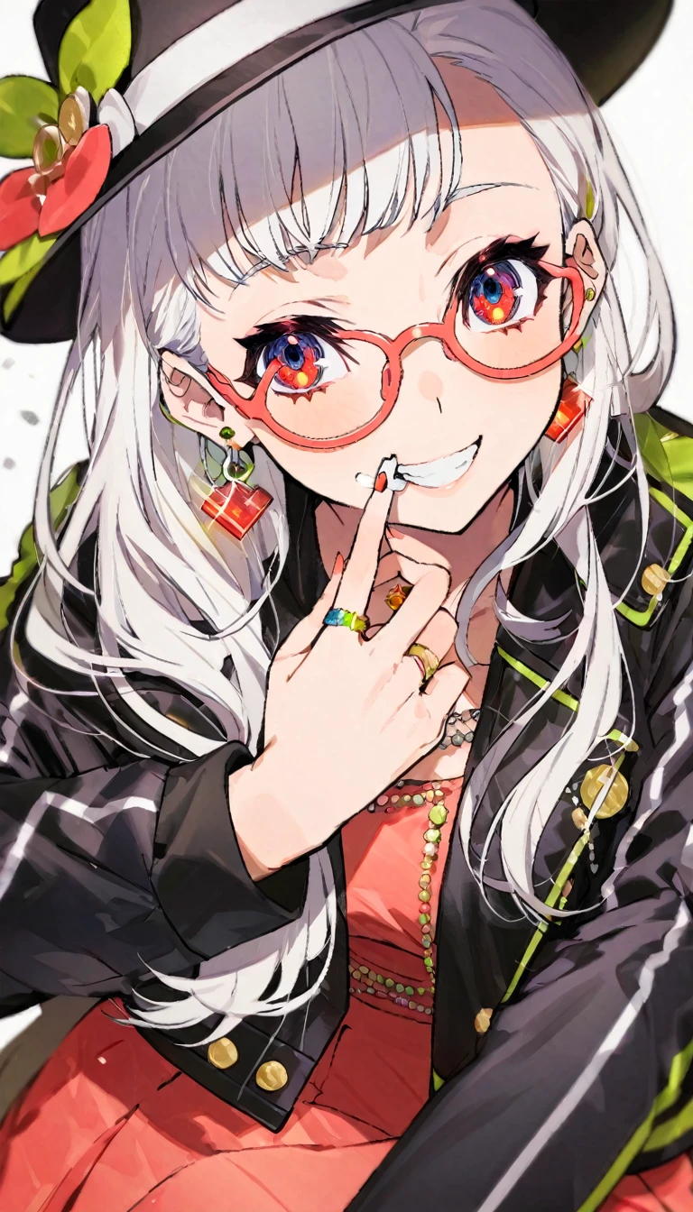 One girl, alone, Long Hair, View your viewers, smile, bangs, 水色のJacket, Red pastel skirt、Red eyes,White hair in the eye、Beautiful eyes that shine、Long sleeve, Boater hat、jewelry, Sitting, Jacket, Upper Body, Silver Hair、 earrings, Glasses, teeth, Grin, open Jacket, black Jacket, Earrings, sunGlasses, ring, ear Earrings, cigarette, cigarette, 喫cigarette, 色付きGlasses, White Background、White background,Umaibo、Candy