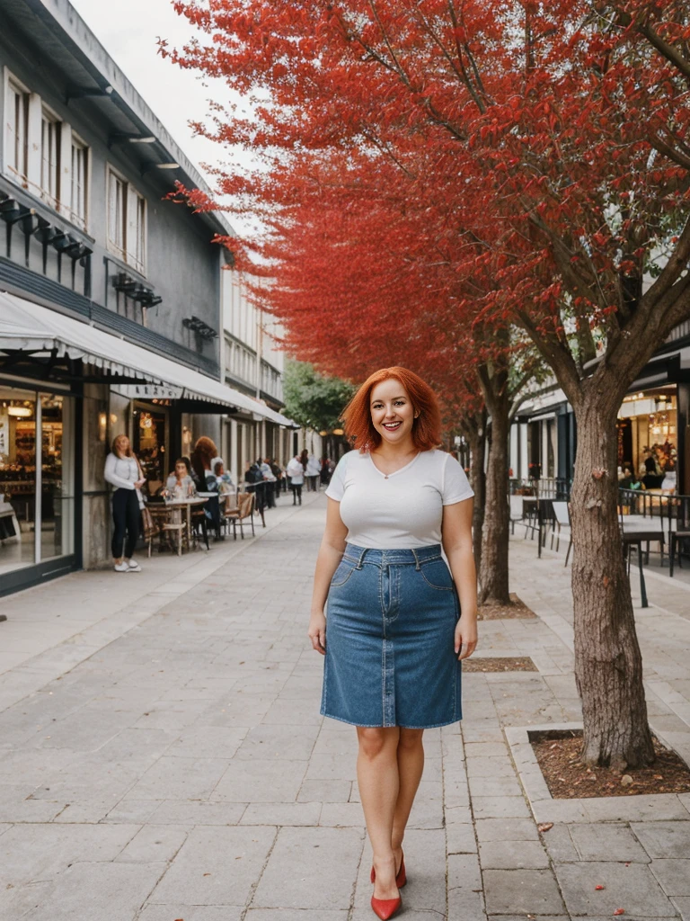 Xyrele, 1girl, solo, 30 years old, (((French face))), (((French nose))), (((French lips))), ((((chubby)))), (((wide hips))), (((red hair))), crinkly short hair, wearing casual designed modern trend wear, ((Background: Shopping at the outdoor mall)), ((upper body and upper legs)), smiling