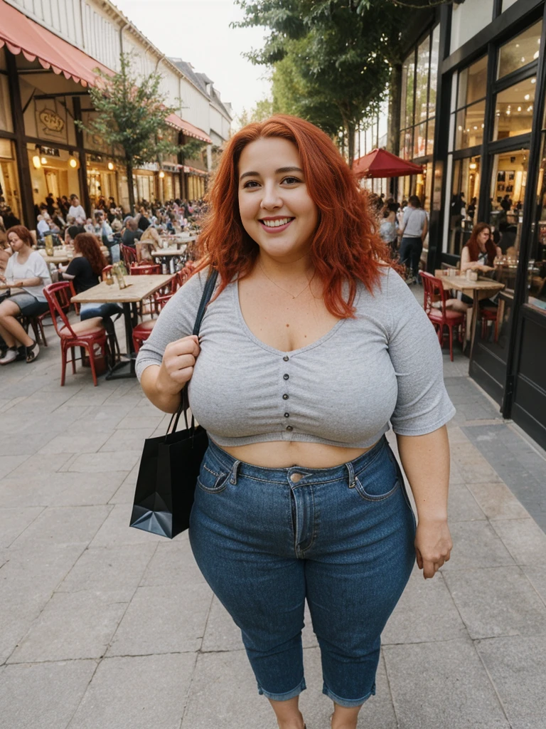 Xyrele, 1girl, solo, 30 years old, (((French face))), (((French nose))), (((French lips))), ((((chubby)))), (((wide hips))), (((red hair))), crinkly short hair, wearing casual designed modern trend wear, ((Background: Shopping at the outdoor mall)), ((upper body and upper legs)), smiling