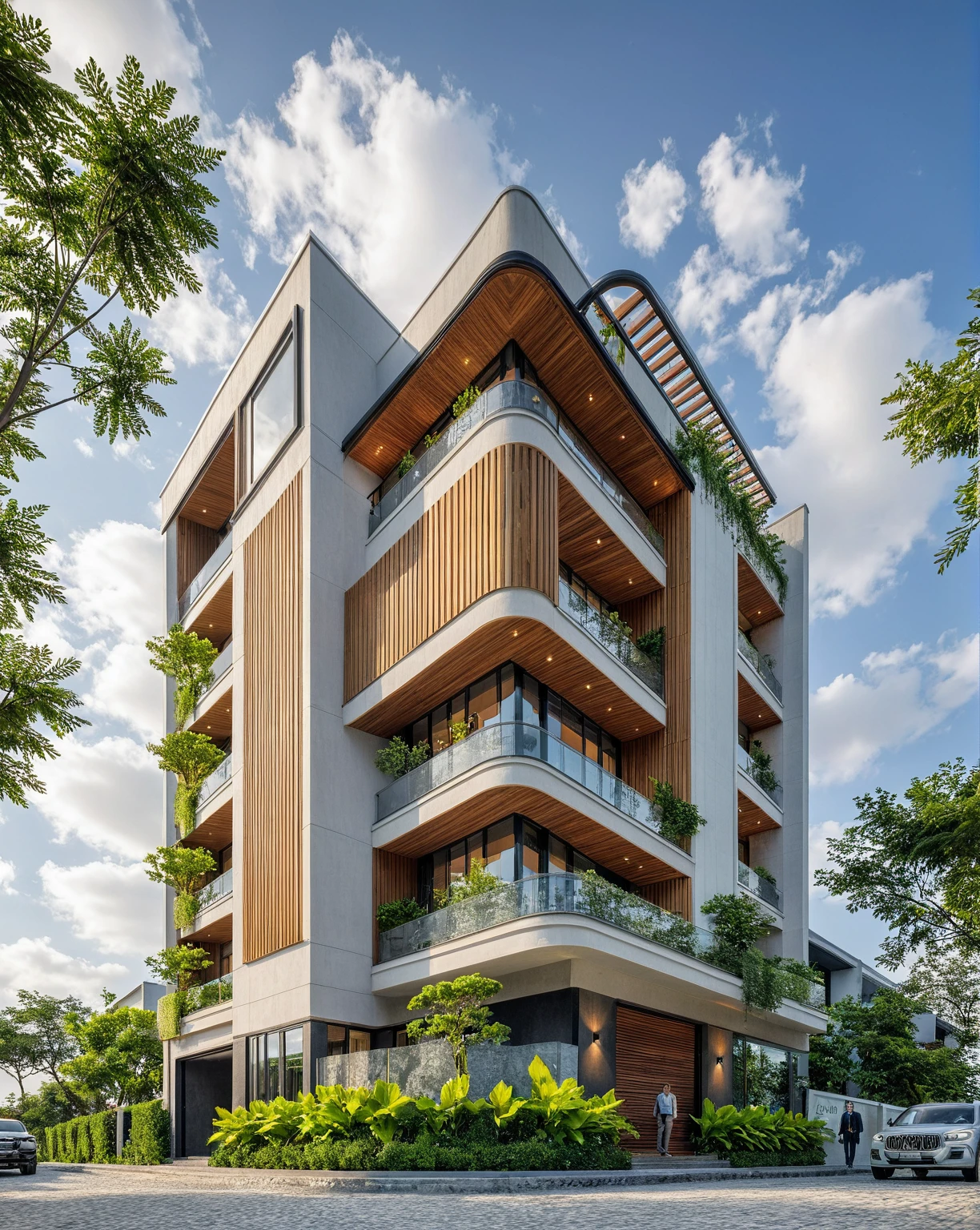 Masterpiece, high quality, best quality, authentic, super detail, outdoors, onestoreyvillaXL, aiaigroup, house style modern on the street ,stairs, white wall ,road,pavement, grass, trees, sky, cloud, (daylight:1.1)