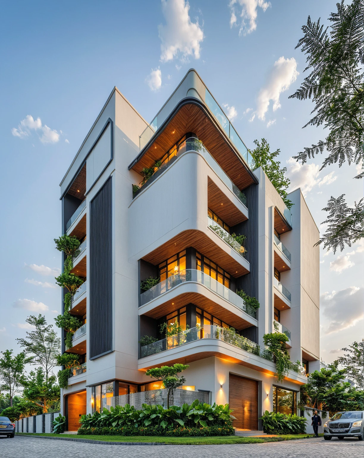 Masterpiece, high quality, best quality, authentic, super detail, outdoors, onestoreyvillaXL, aiaigroup, house style modern on the street ,stairs, white wall ,road,pavement, grass, trees, sky, cloud, (daylight:1.1)