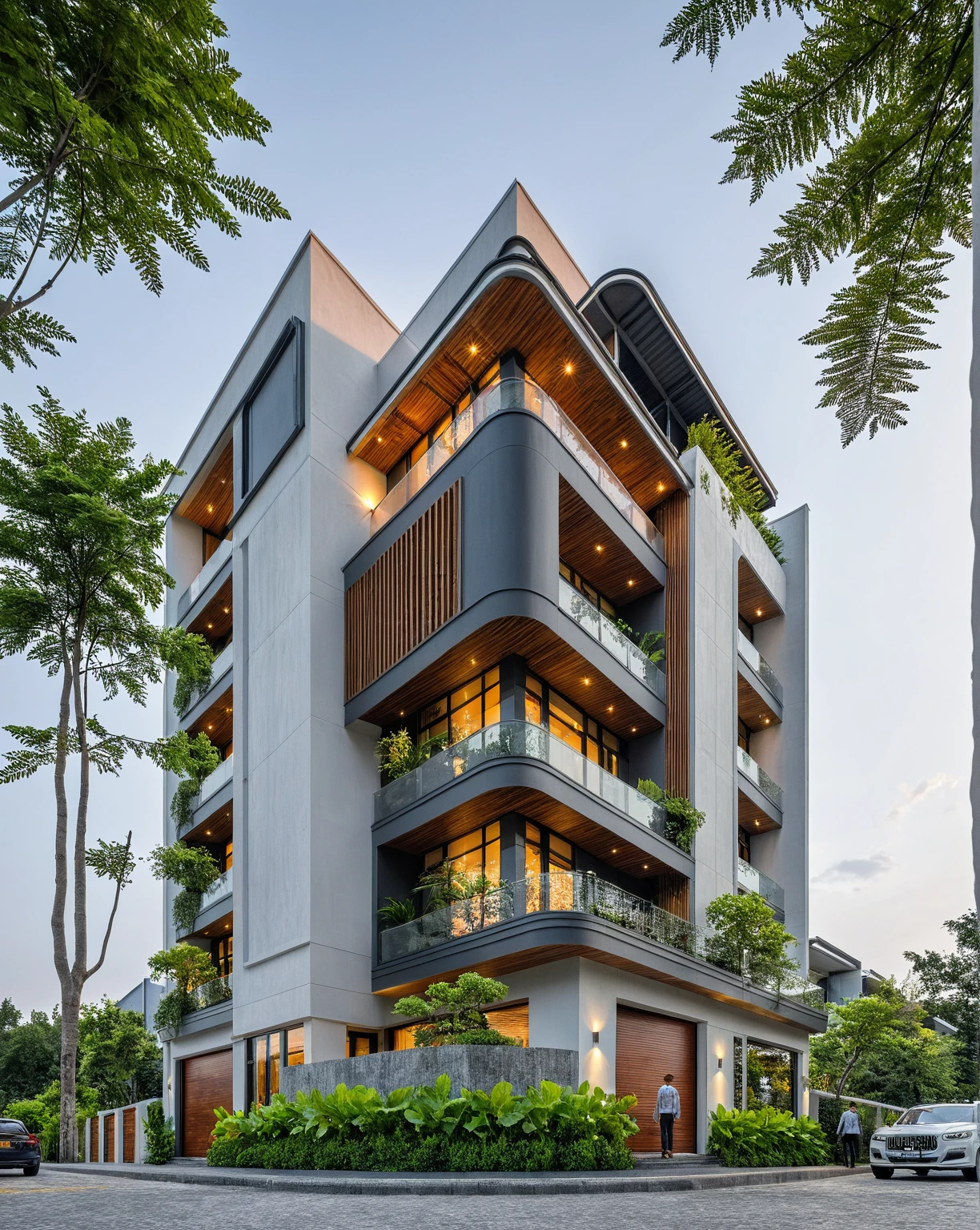 Masterpiece, high quality, best quality, authentic, super detail, outdoors, onestoreyvillaXL, aiaigroup, house style modern on the street ,stairs, white wall ,road,pavement, grass, trees, sky, cloud, (daylight:1.1)