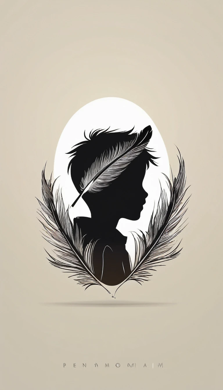 Create a minimal, modern, simple, inspirational, memorable, dream like logo design of a boy and a feather for the brand “Penamemoria".