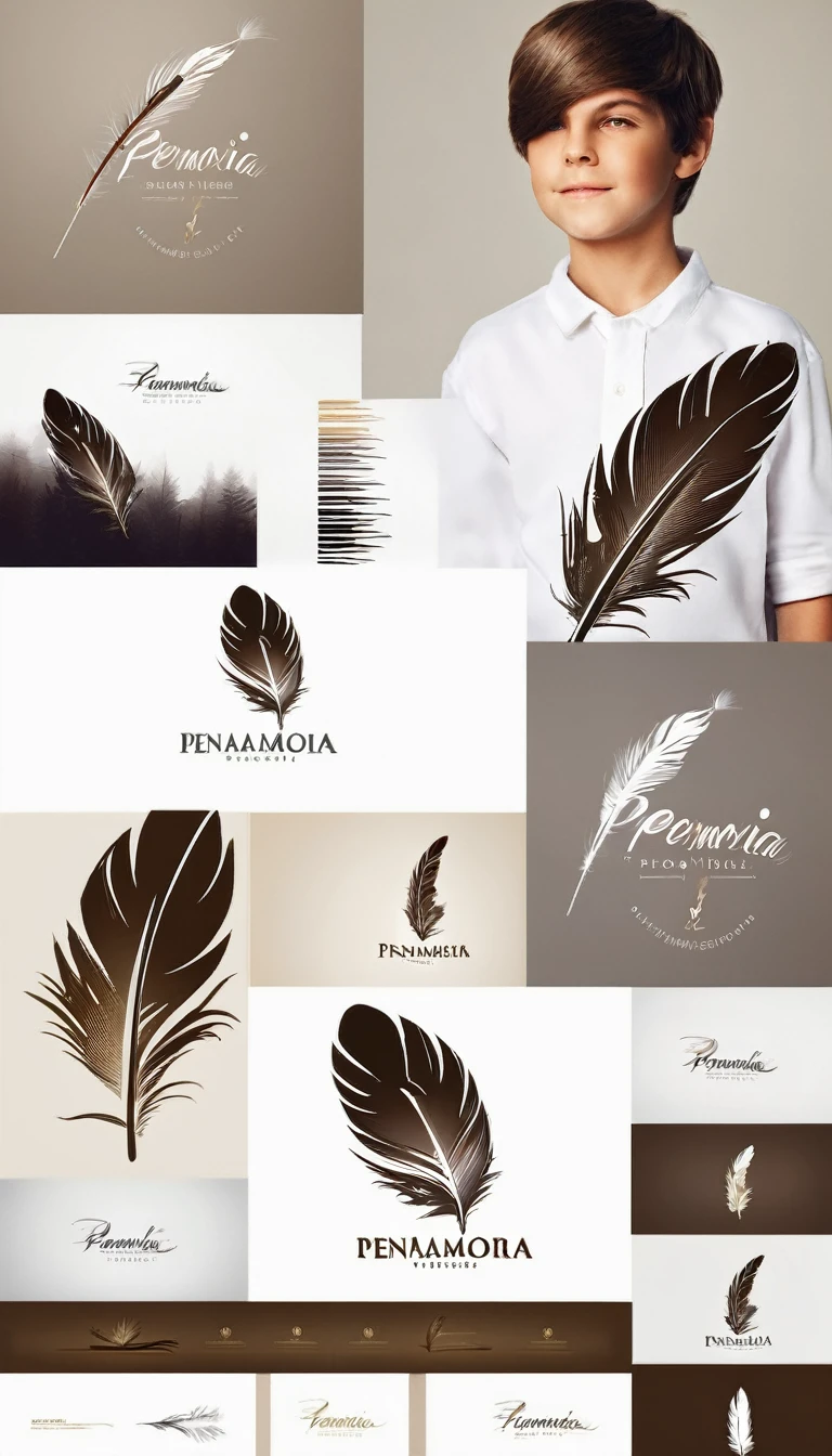 Create a minimal, modern, simple, inspirational, memorable, dream like logo design of a boy and a feather for the brand “Penamemoria".