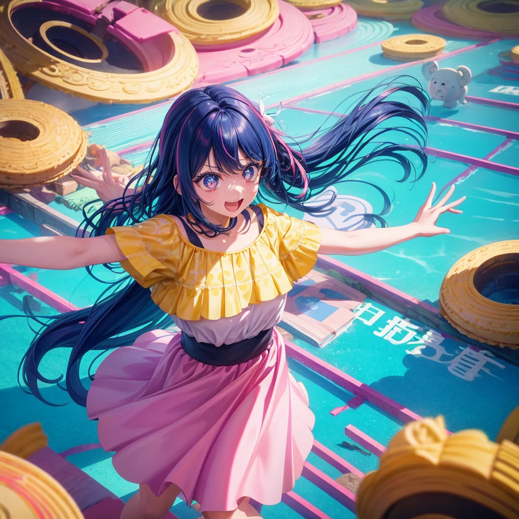 Create a vibrant and eye-catching anime-style thumbnail of a clumsy and naturally awkward girl. She should have bright, expressive eyes and a cheerful, slightly embarrassed smile. Her hair is styled in a playful, messy fashion with a fun, bright color like pastel pink or blue. Dress her in a cute, casual outfit such as a colorful dress or a fun, patterned top with a skirt. Illustrate her in a humorous or slightly chaotic situation—like dropping a stack of books, spilling a drink, or tripping over something—with exaggerated, playful expressions and movements. The background should be lively and engaging, with bright colors and dynamic elements that highlight her clumsiness and add visual interest to the thumbnail. Include some small, amusing details around her to enhance the playful and whimsical feel.