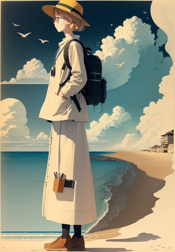 A man standing on the beach,Carrying a backpack,A bird flies in the sky, Inspired by Takeyama Koji Saneatsu, This girl has a backpack, Saul Steinberg(Saul Steinberg)of inspiration, Inspired by Yasui Kotaro, Explorer Sketch, Inspired by Michizari Kono, Line Drawing, Inspired by Onchi Koshiro