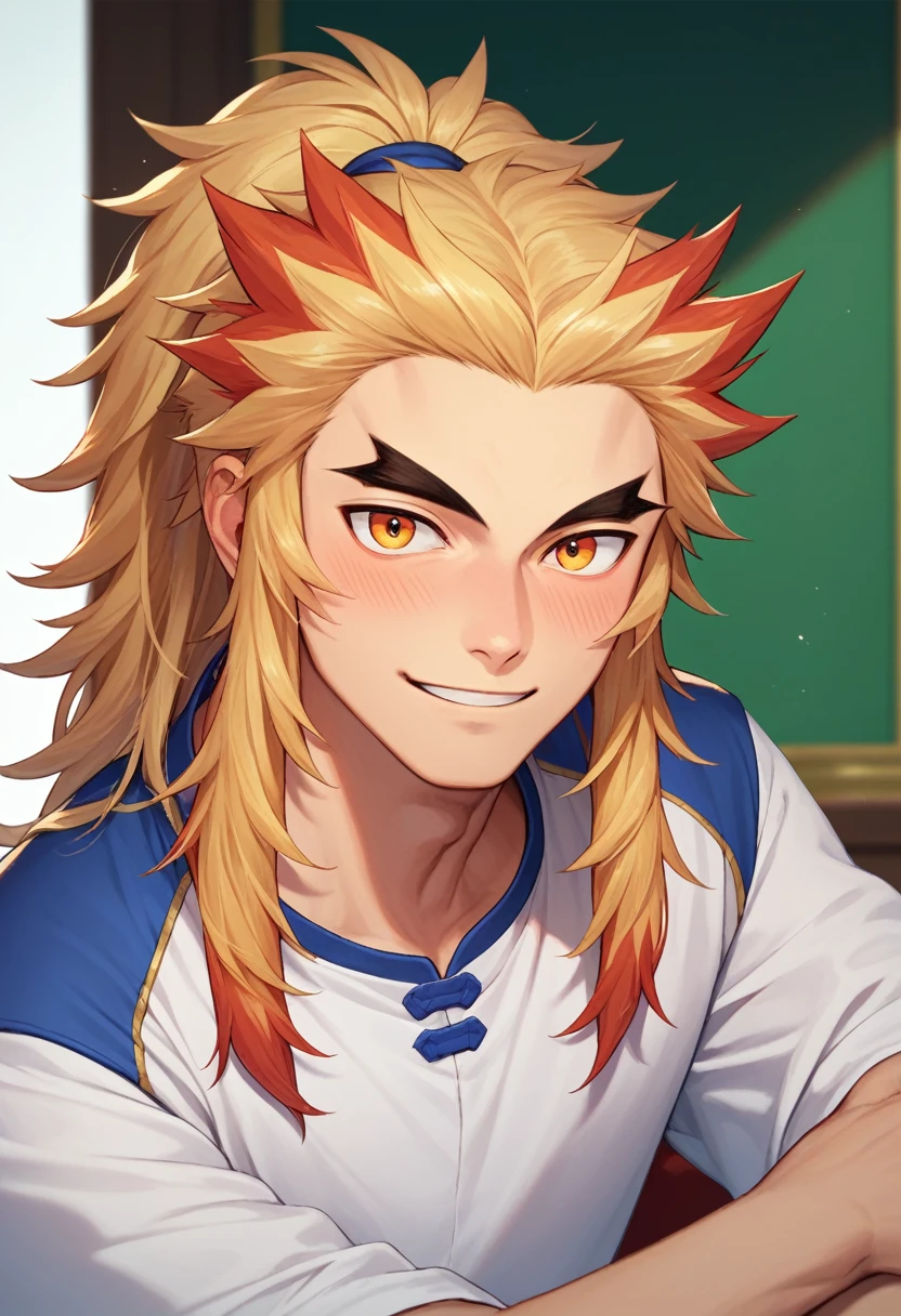 ((best quality)), ((masterpiece)), (detailed),Cowboy shot, solo, male focus, Rengoku Kyojuro,  looking a viewer,  Long hair, high ponytail, Split eyebrows, Smile, Sit down, blushing face