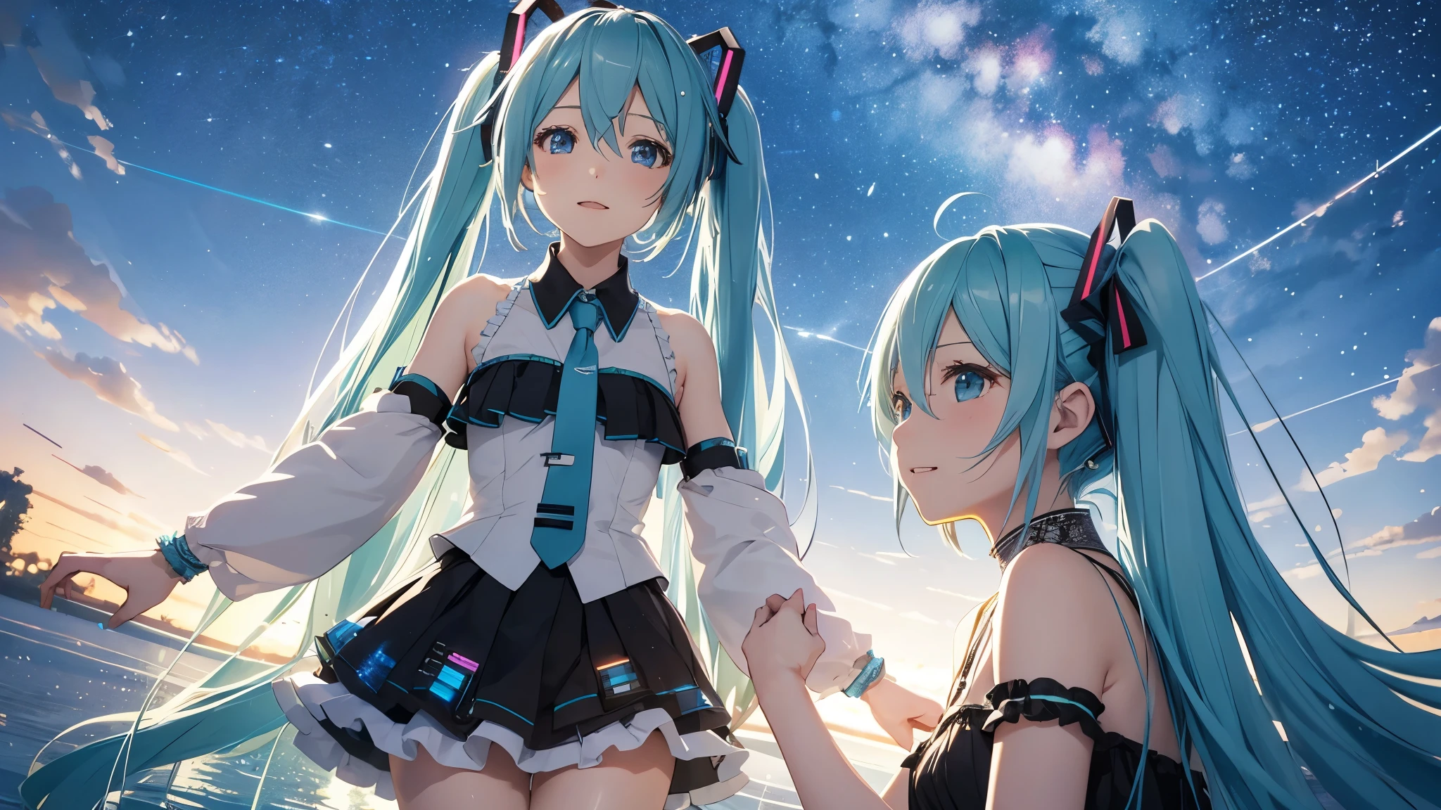 Under the midnight starry sky、Hatsune Miku celebrates old friendships and new beginnings。There's a warm light all around her、With a champagne glass in hand、Looking at the New Year's fireworks with a hopeful look on his face。In the background, a scene of soft colors spreads out, evoking the feeling of time passing slowly.。