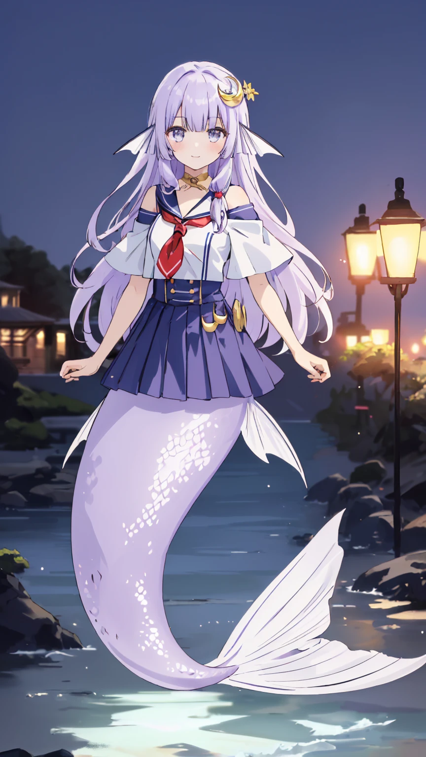 ((best quality, clearly_image)),  1 Girl,Lilac hair,Gray eyes,Bangs,Ji Qie, masterpiece, Smile, Long hair,outdoor,Crescent hair ornament,Uniforms,mini skirt,Ruffle skirt,Off-shoulder,Mermaid